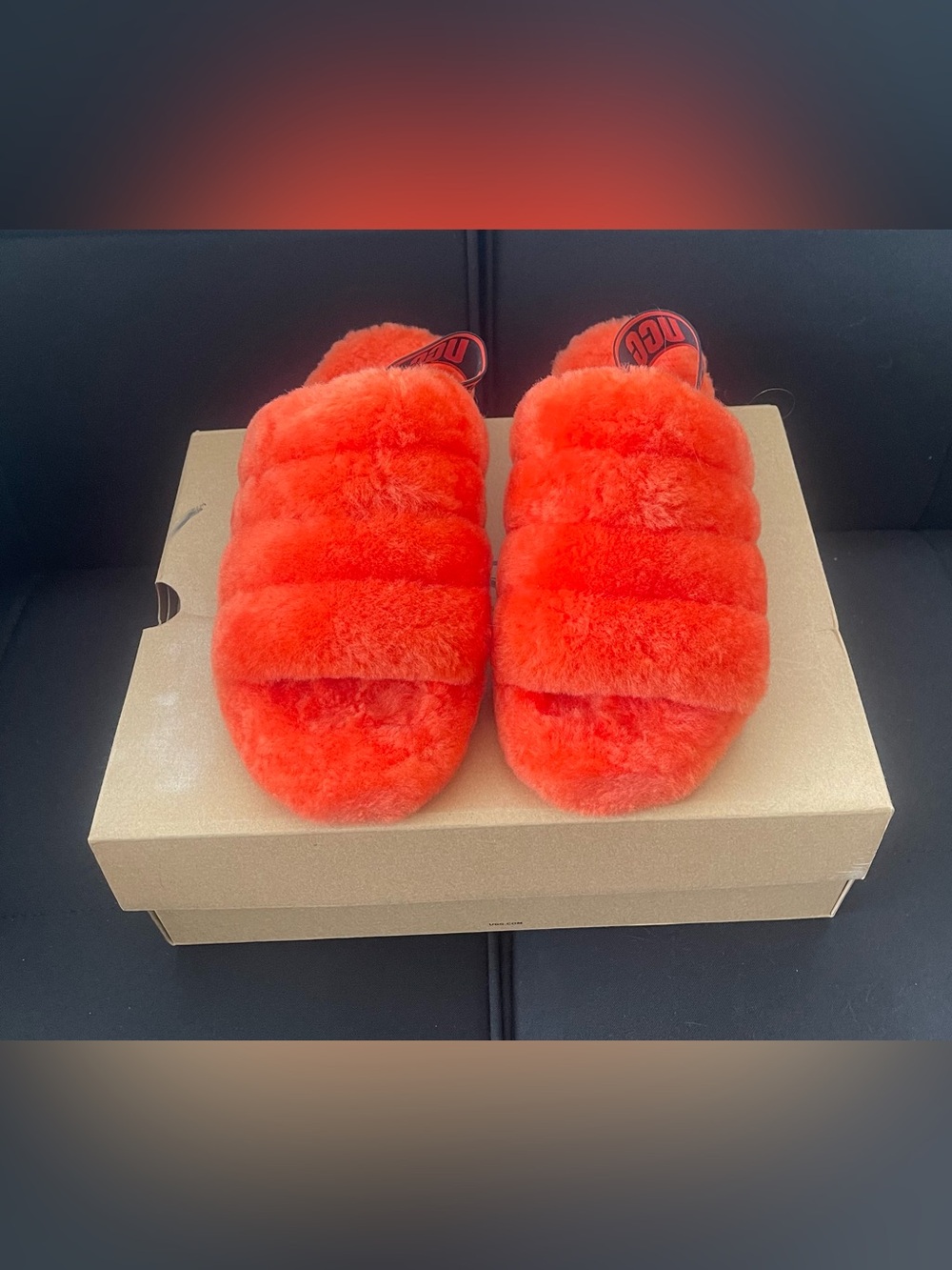 UGG Fluff Yeah Slides Orange Red Fuzzy Slingback Sandals Women’s Size 9